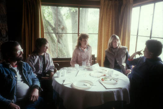 On the last day before a major event after we had been working hard, Gerda surprised staff with a  sit down meal in the beautiful corner of the Great Room. Brent Wilcox, Ruth, Lori Huddard, Eleanor Williams, Karen DeLapp. (the oak tree that later fell is visible - two trunks- in the window.)